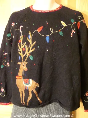 Tacky Christmas Sweater Party Ugly Reindeer Sweater with Antler Decorations (f888)
