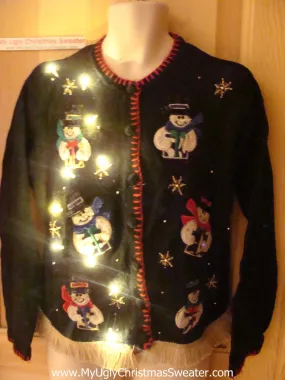Tacky Ugly Christmas Sweater Gift Giving Snowmen with Lights and Fringe (g50)