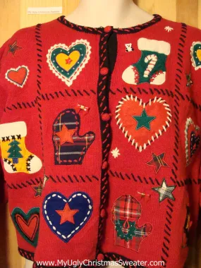 Tacky Ugly Christmas Sweater with Crafty Embroidered Decorations (f257)