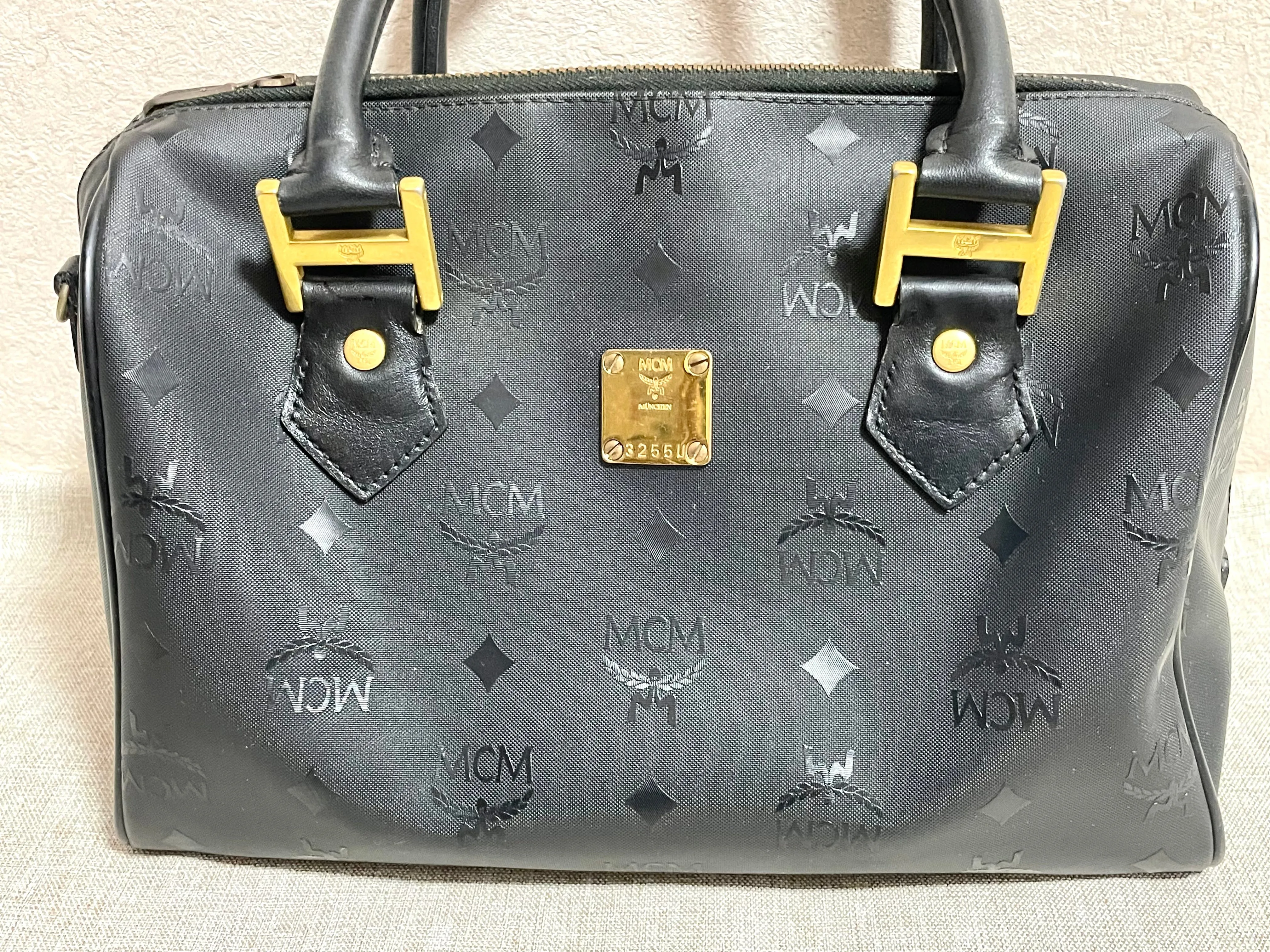 Vintage MCM black monogram speedy bag style handbag, mini duffle bag. Unisex and daily use purse. Classic style in originality. 061210re1
