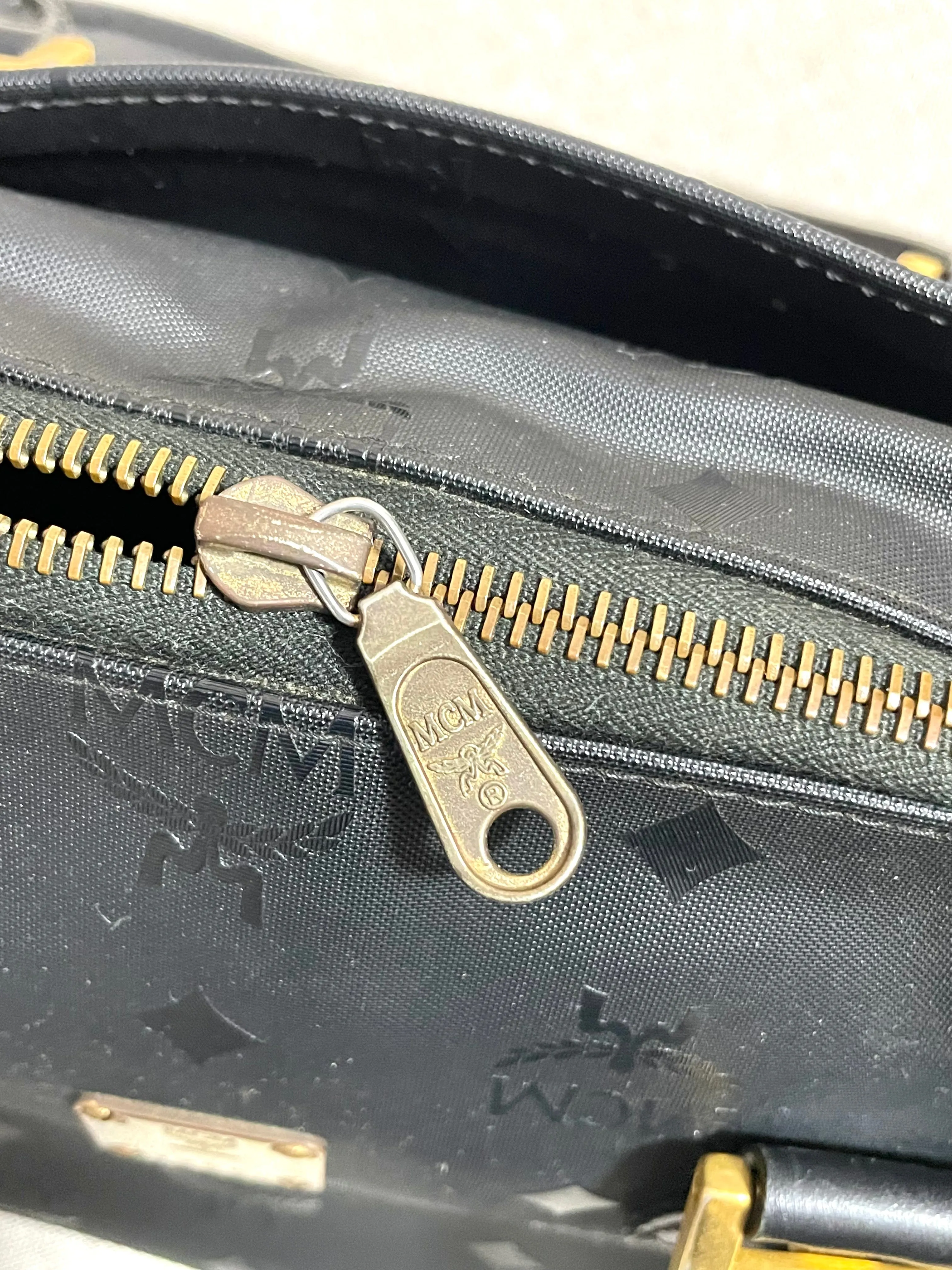 Vintage MCM black monogram speedy bag style handbag, mini duffle bag. Unisex and daily use purse. Classic style in originality. 061210re1