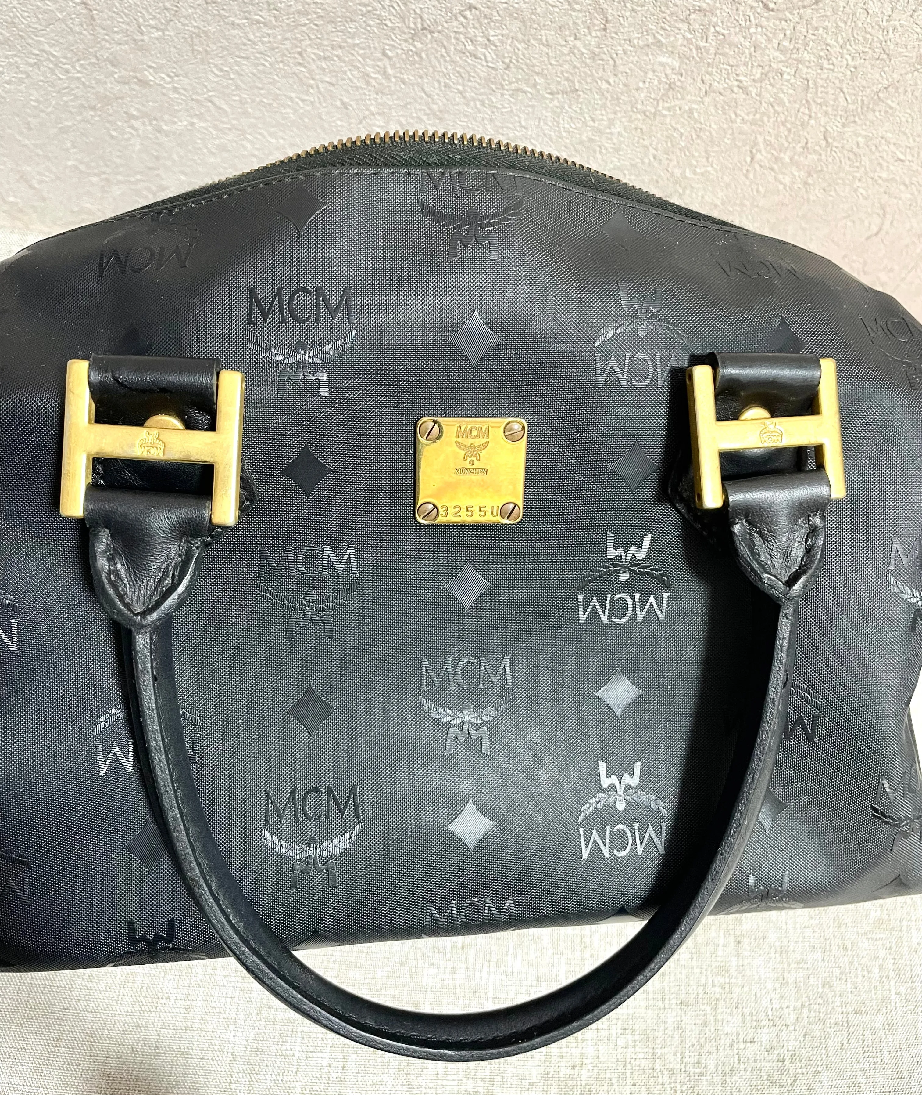 Vintage MCM black monogram speedy bag style handbag, mini duffle bag. Unisex and daily use purse. Classic style in originality. 061210re1
