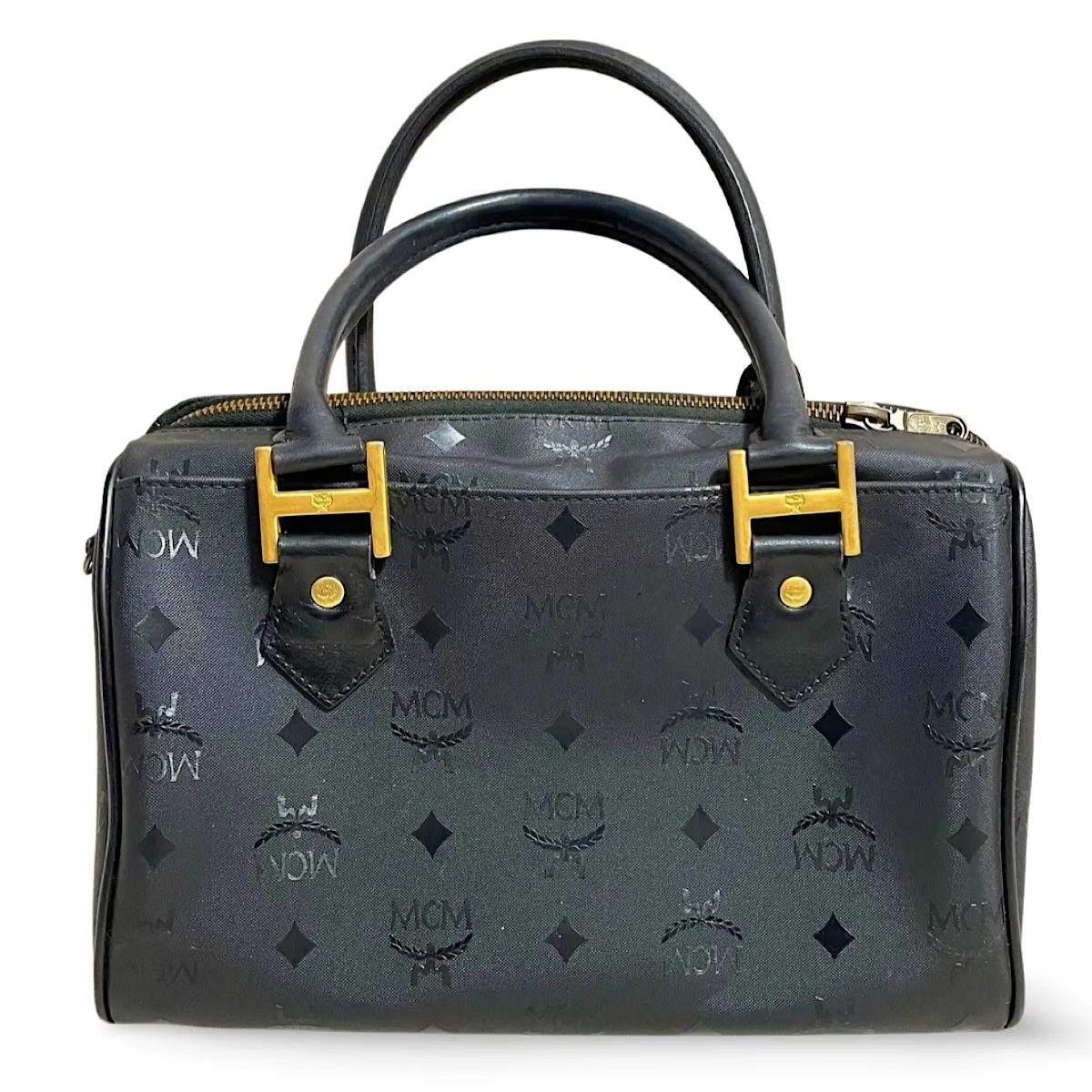 Vintage MCM black monogram speedy bag style handbag, mini duffle bag. Unisex and daily use purse. Classic style in originality. 061210re1