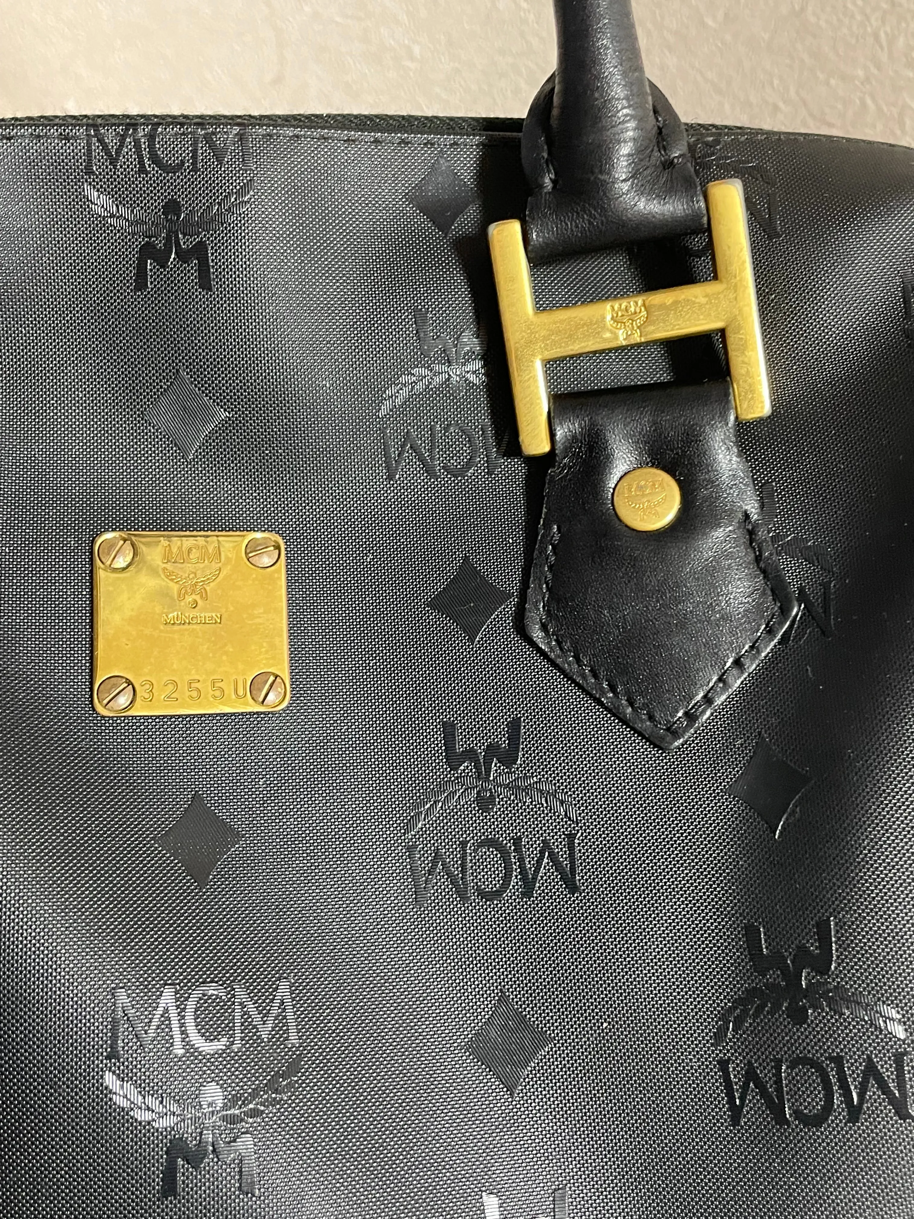 Vintage MCM black monogram speedy bag style handbag, mini duffle bag. Unisex and daily use purse. Classic style in originality. 061210re1