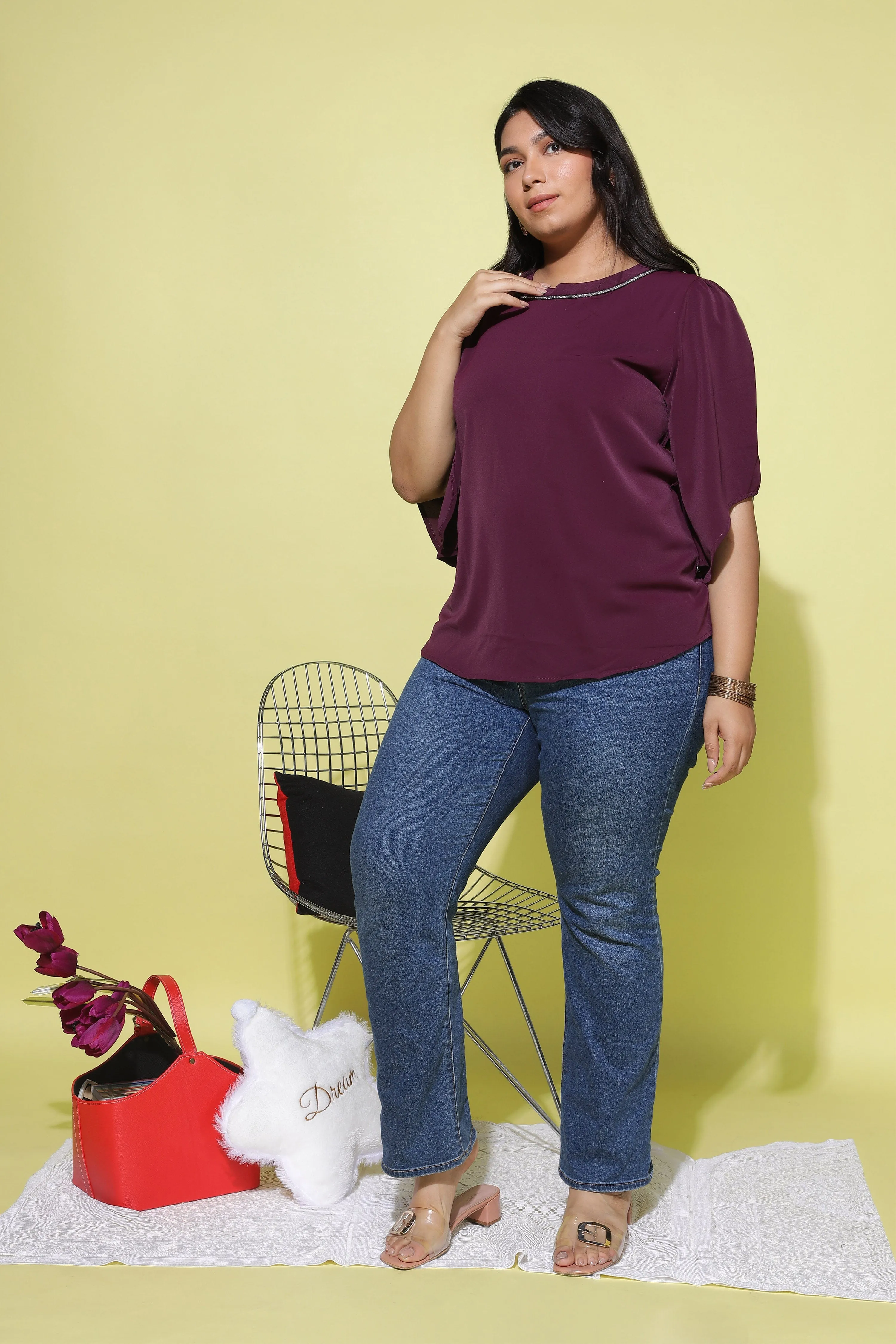 Viscose Blend  Top Round Neck With Zip Mustard Wine