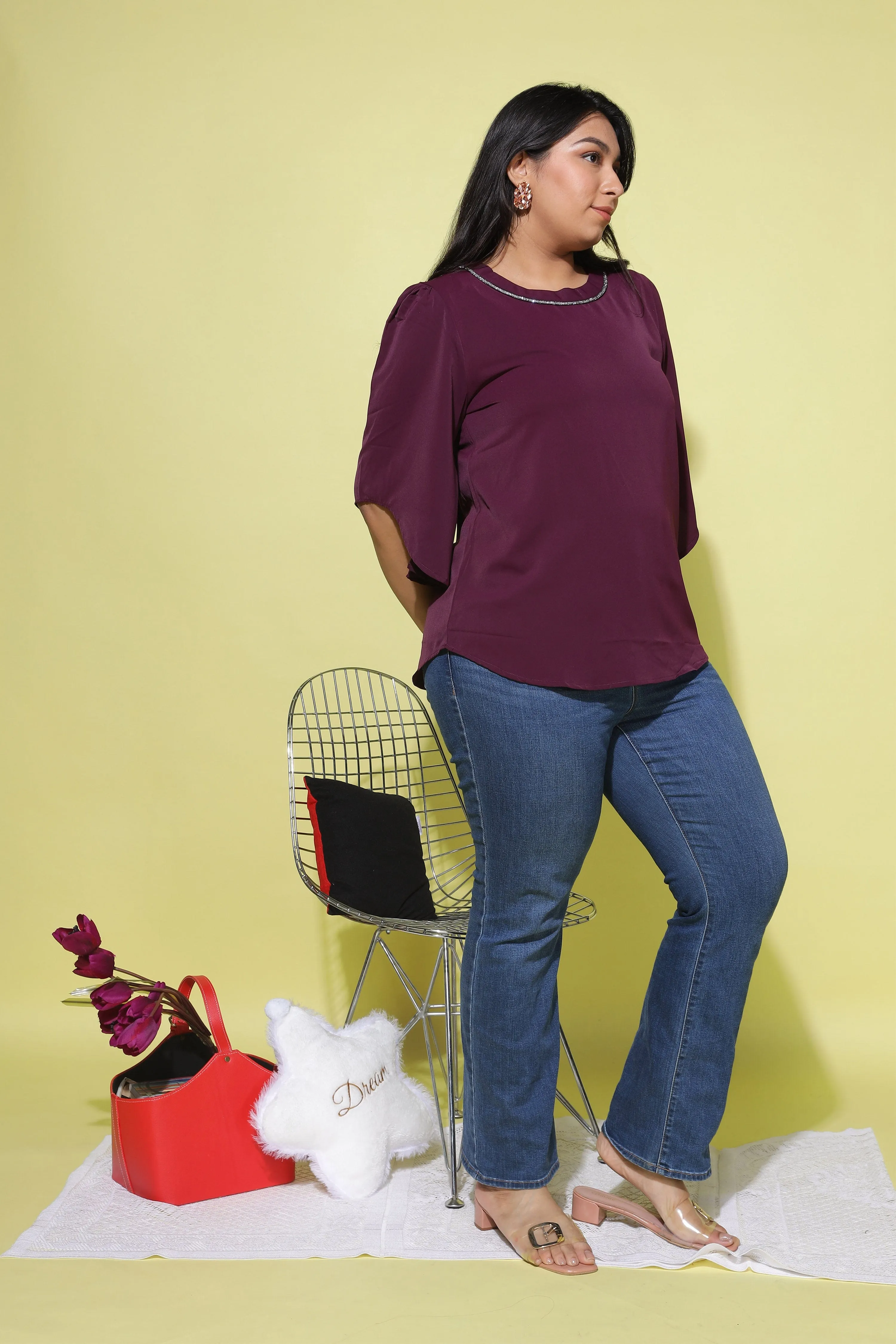 Viscose Blend  Top Round Neck With Zip Mustard Wine