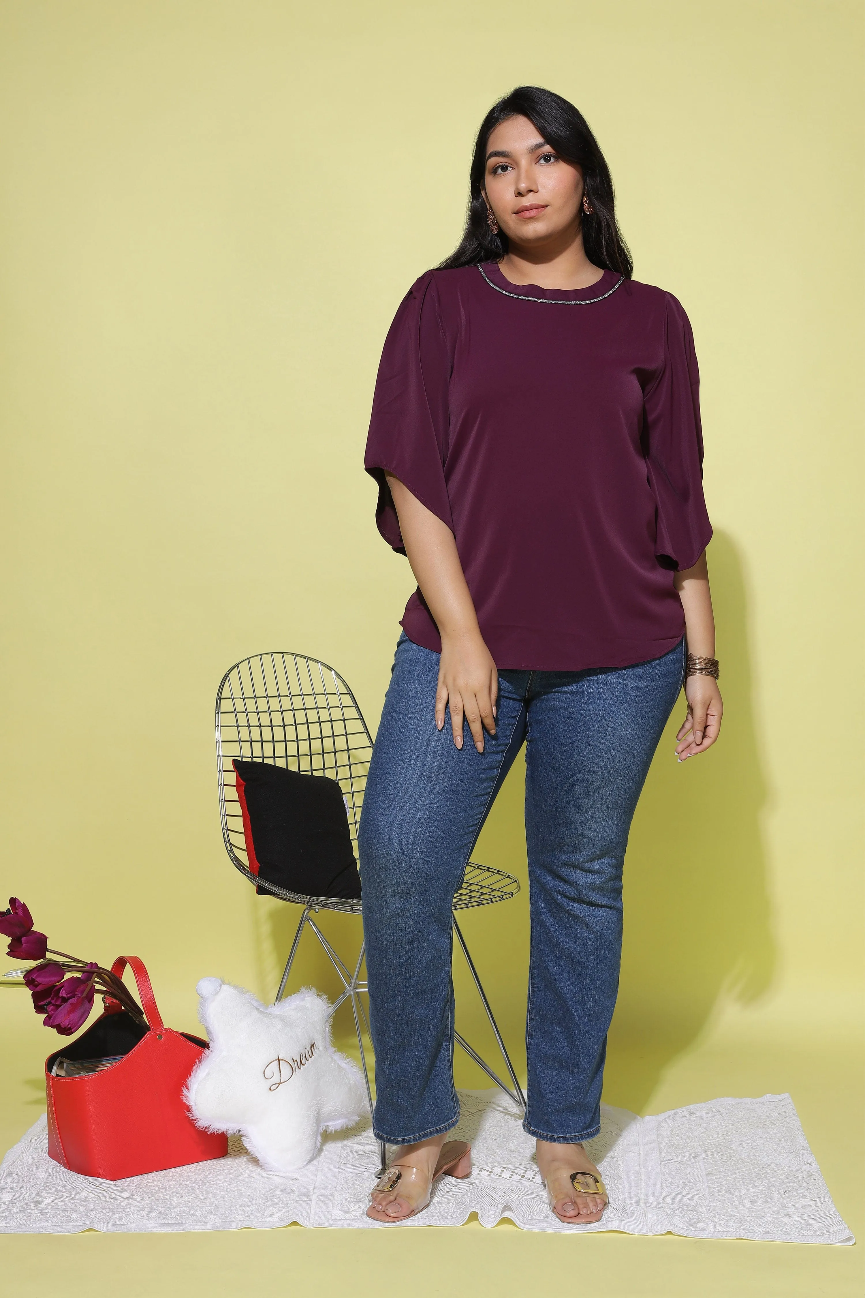 Viscose Blend  Top Round Neck With Zip Mustard Wine