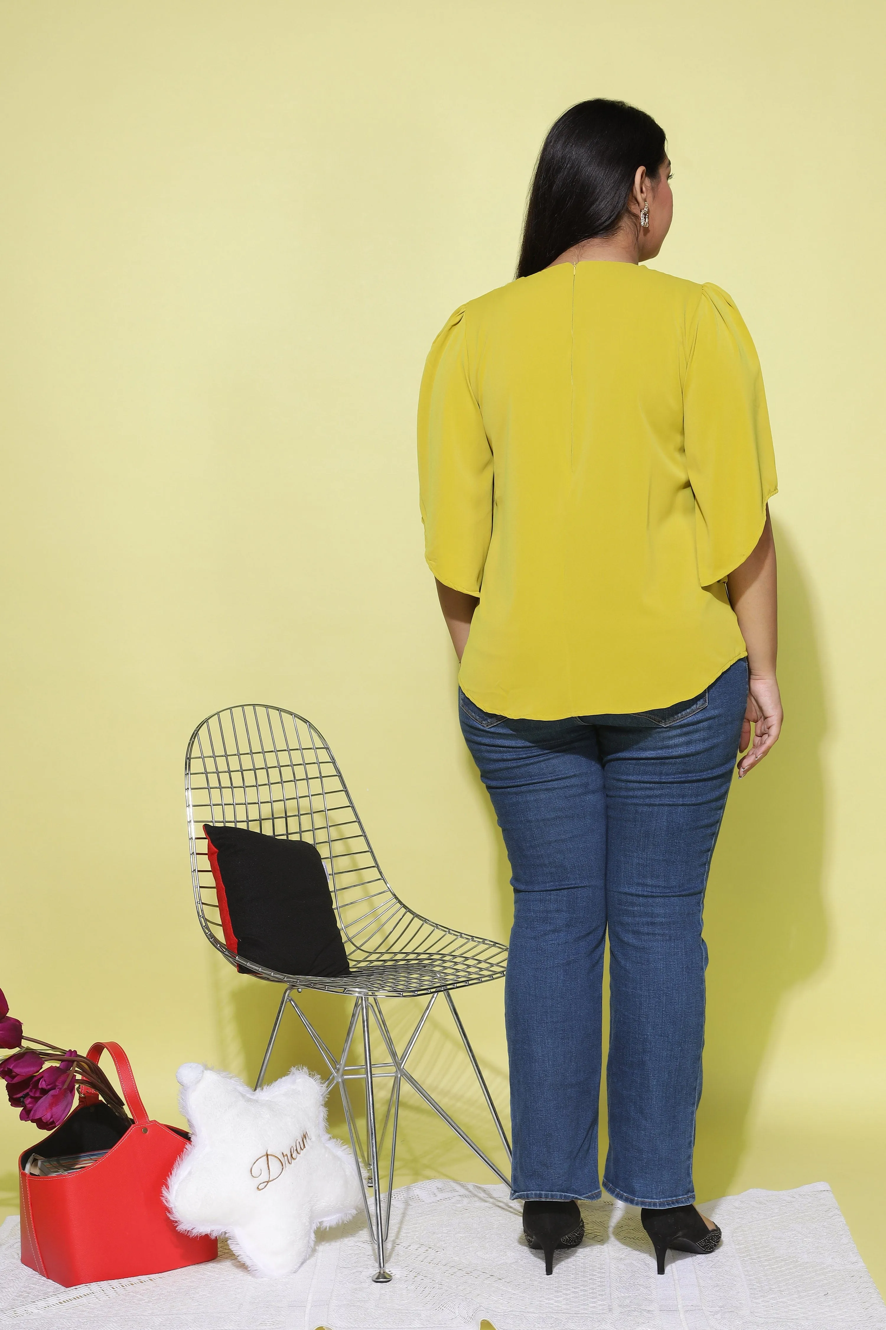 Viscose Blend Top Round Neck With Zip Mustard Yellow