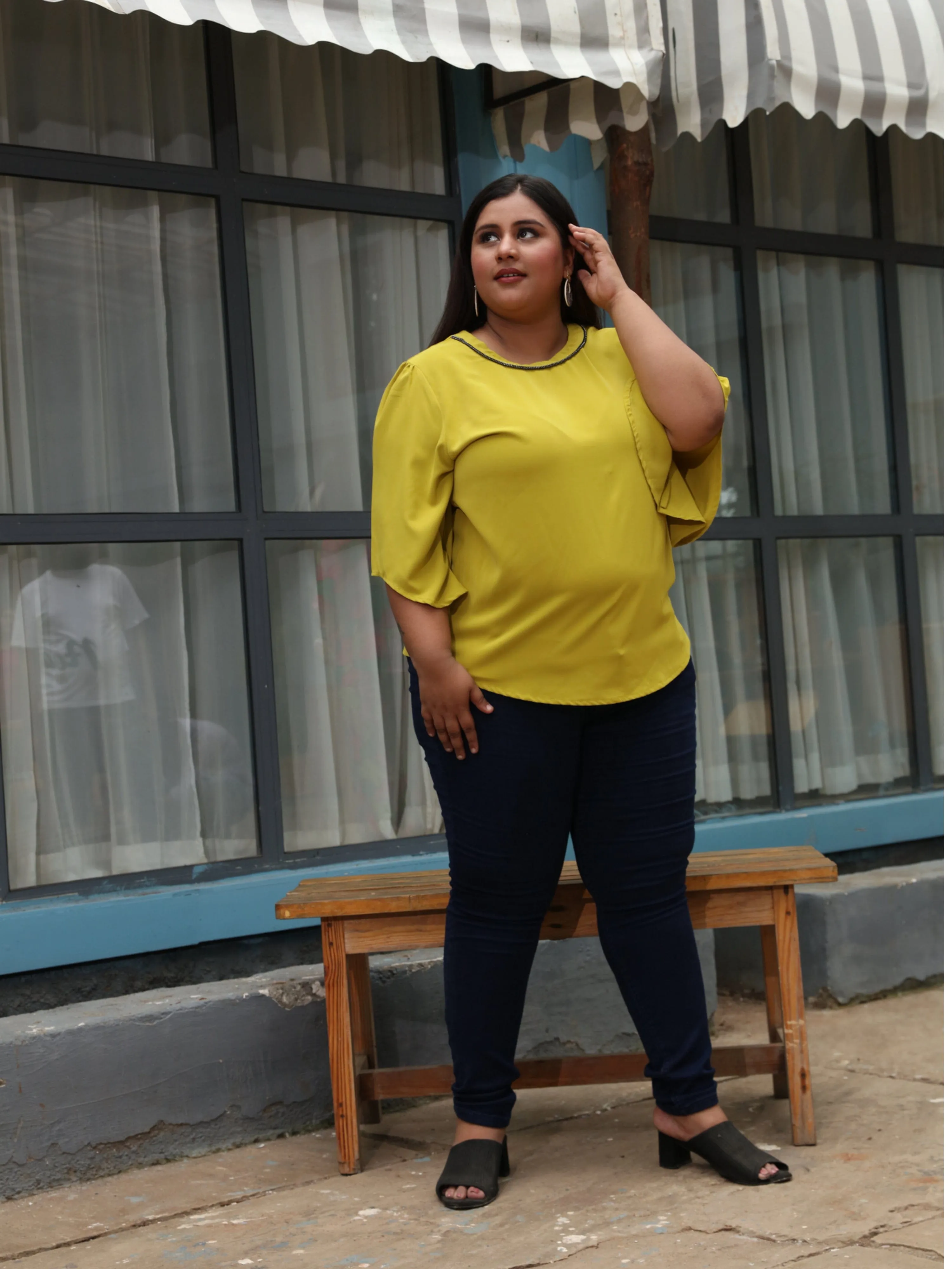 Viscose Blend Top Round Neck With Zip Mustard Yellow