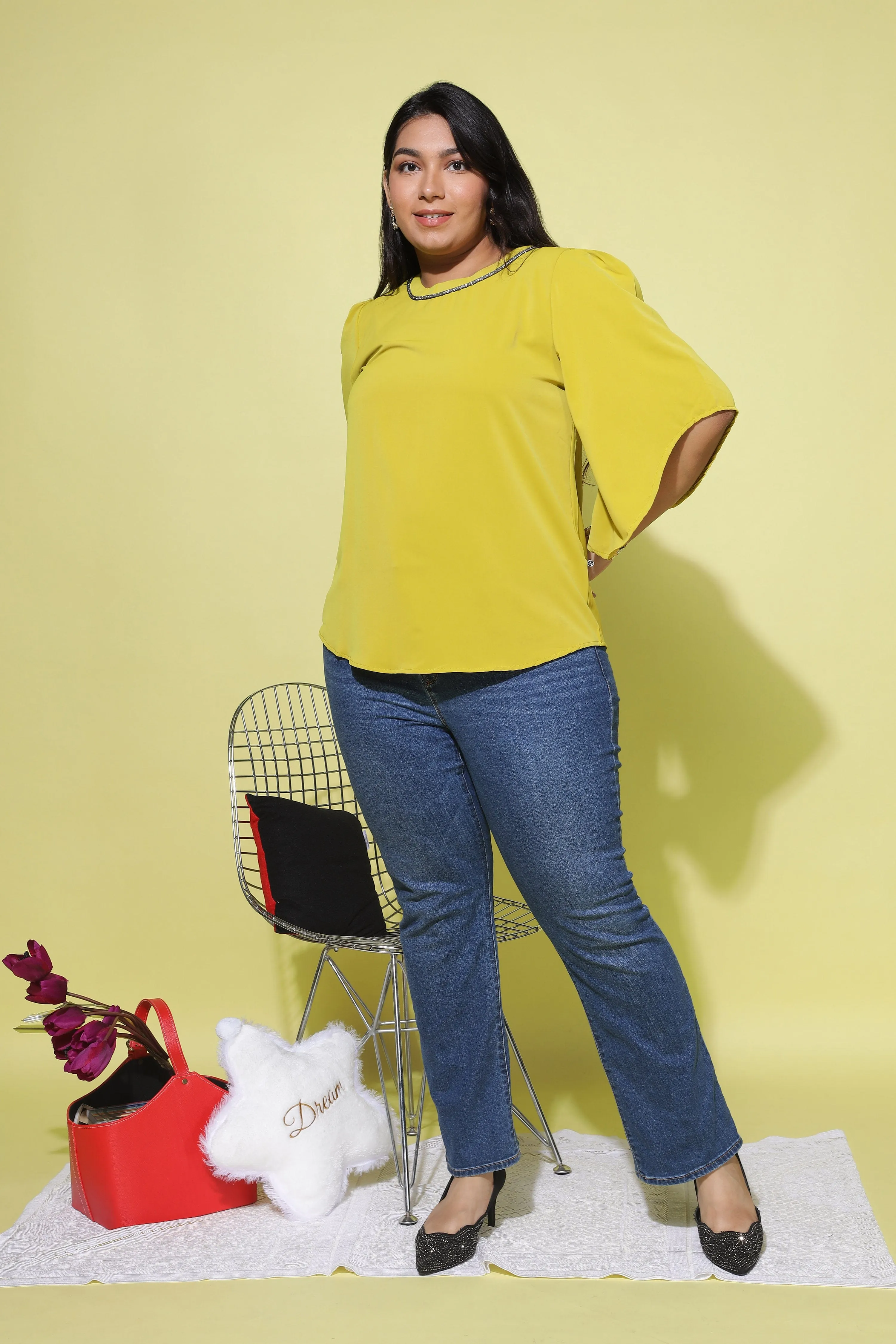 Viscose Blend Top Round Neck With Zip Mustard Yellow
