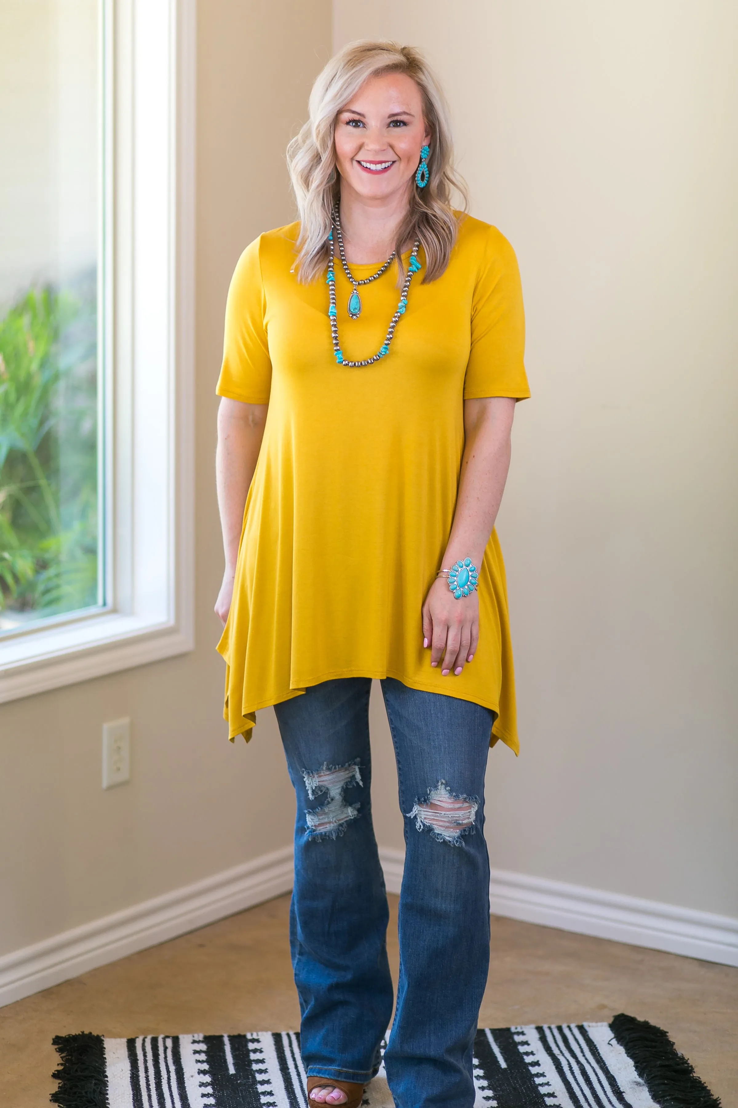 Whenever This Happens Solid Handkerchief Tunic Top in Mustard Yellow