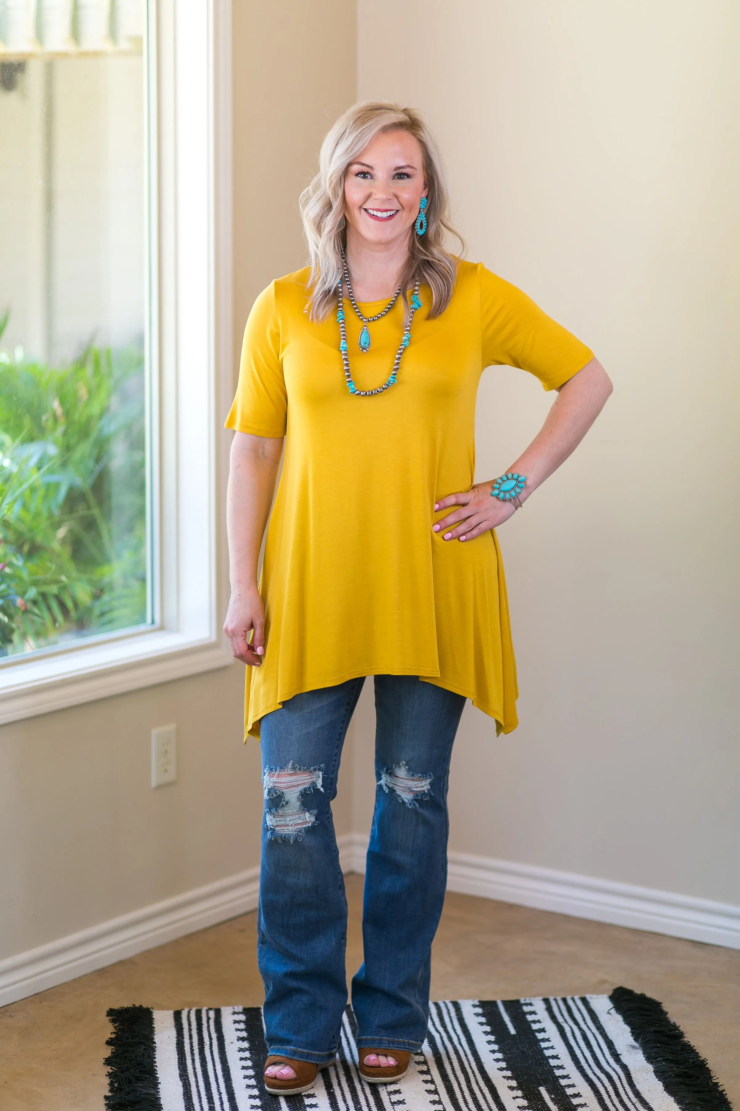 Whenever This Happens Solid Handkerchief Tunic Top in Mustard Yellow