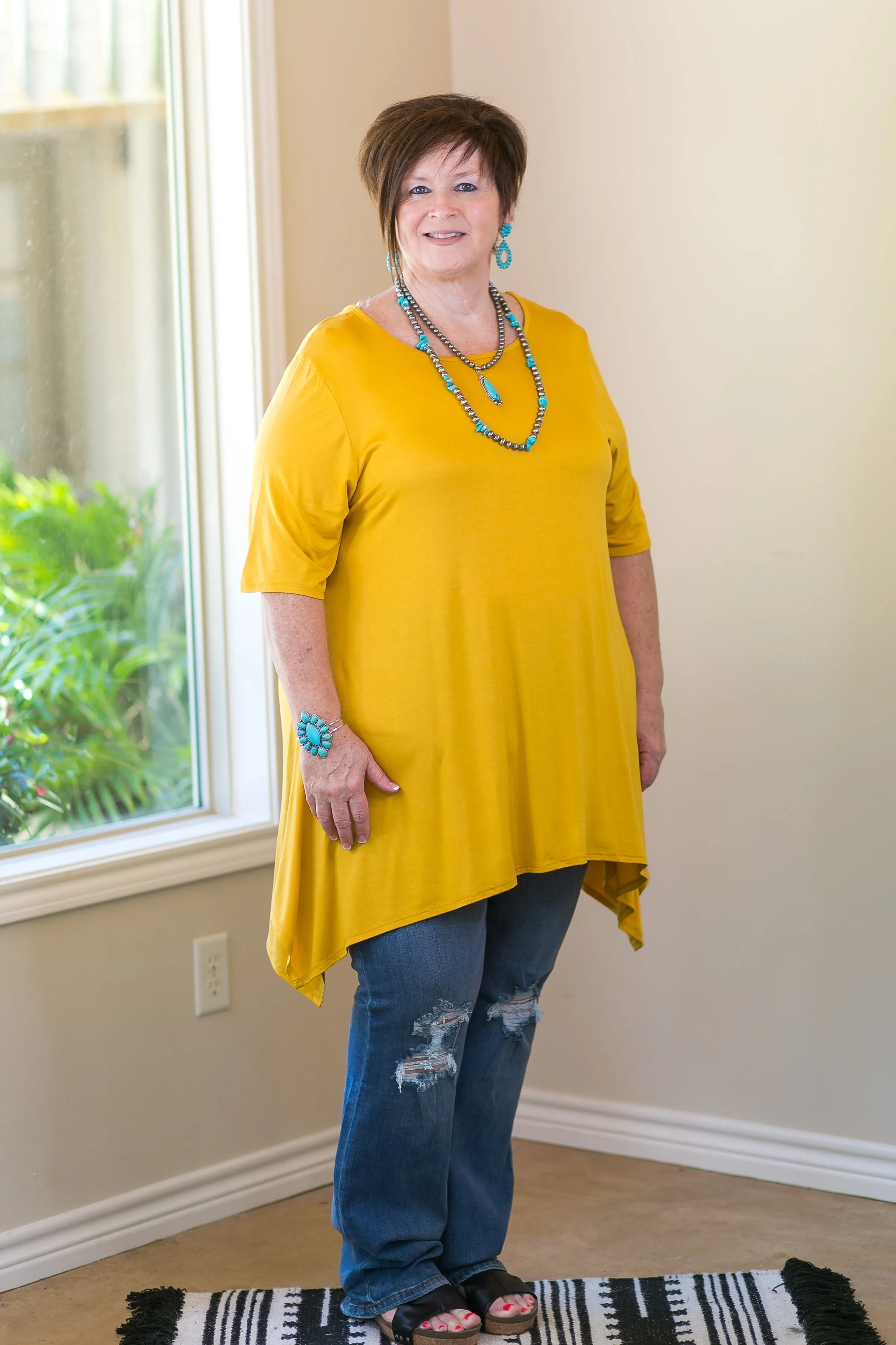 Whenever This Happens Solid Handkerchief Tunic Top in Mustard Yellow