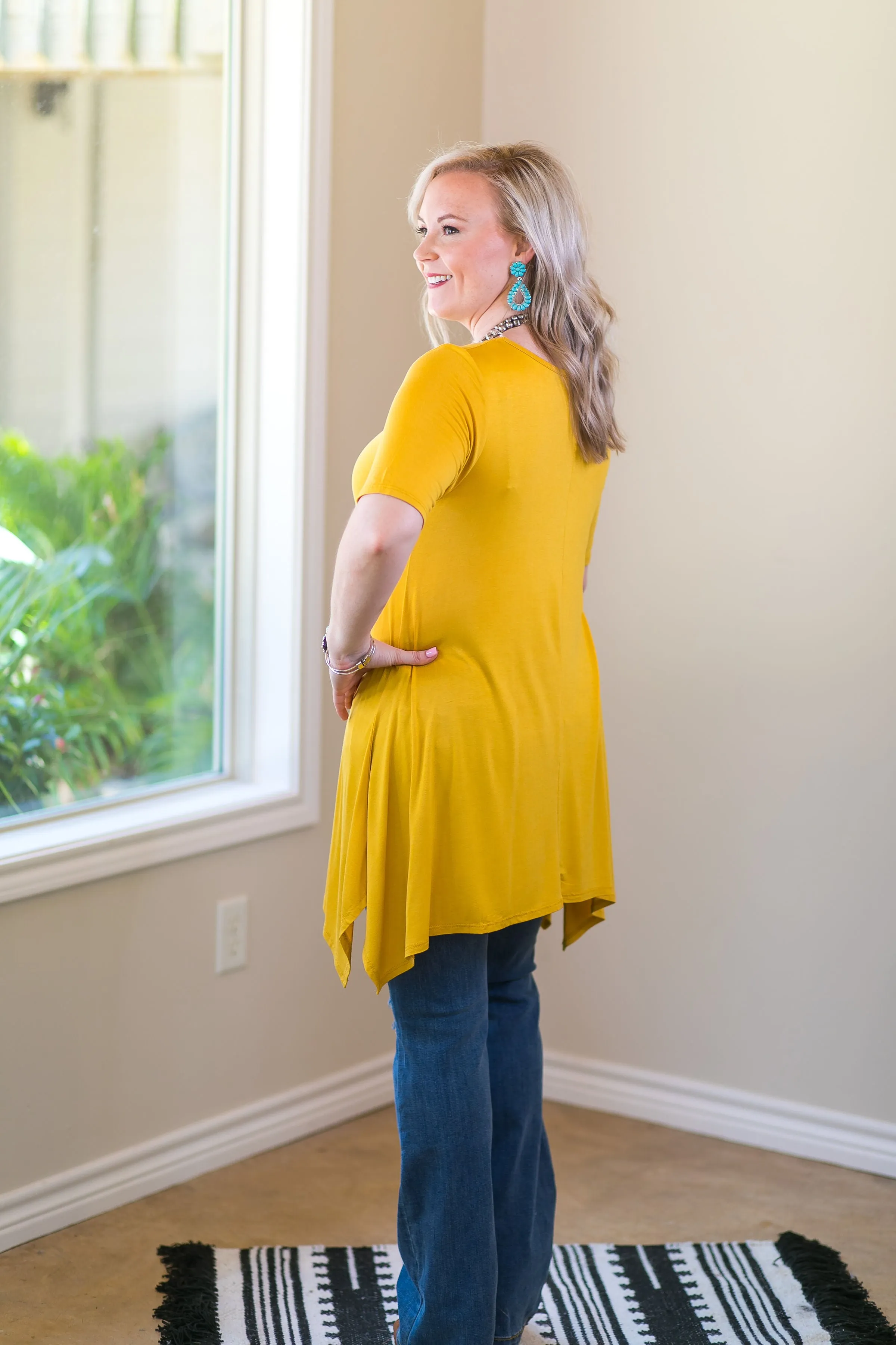Whenever This Happens Solid Handkerchief Tunic Top in Mustard Yellow
